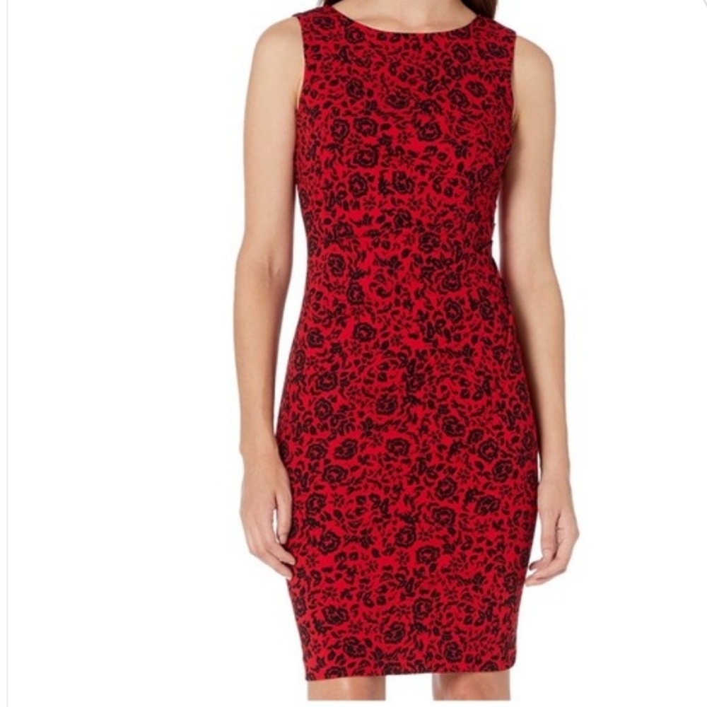 Calvin Klein Rossete Floral Sheet Dress, 8 Pettite, Red/Black
